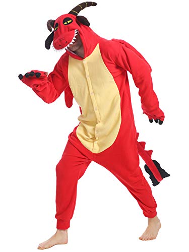 dressfan Unisexo Dragón Pijamas Animales Dinosaurio Traje de Dormir Cosplay Disfraz Mamelucos Ropa de Dormir Comodidad Suave Festival de Carnaval Halloween Navidad (Rojo, XXL)