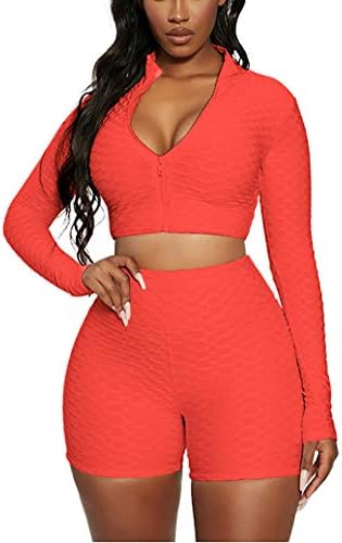 Workout 2 Piece Outfits for Women, Sport Long Sleeve Crop Tops and High Waist Bodycon Yoga Shorts Set Tracksuit (Orange, m)