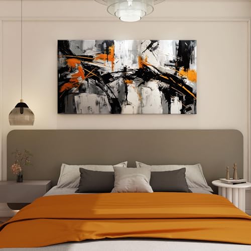 Image of Black Abstract Canvas Wall Art Elegant and Modern Orange Wall Art for Living Room - Canvas Wall Decor for Office and Home - Large Framed Artwork for Walls , White, Gray and Unique Orange Accents 48x24in