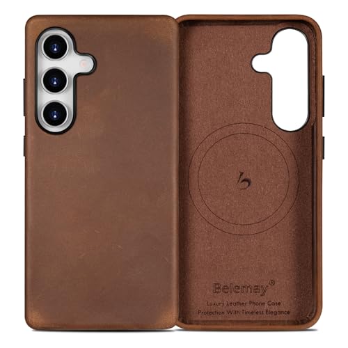 Belemay Leather Case for Samsung Galaxy S25 Compatible with Magsafe, Premium Crazy Horse Leather [Vintage Aesthetic] Unique Patina, Comfort & Soft Grip, Metal Buttons, Classic Brown
