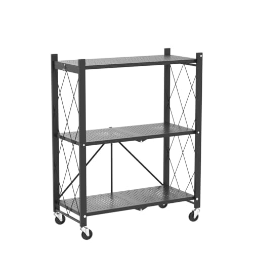 Image of DEANIC 3 Tier Foldable Storage Shelves with Wheels, Kitchen Appliance Stand, Freestanding Metal Wire Shelf Rack, No Assembly Organizer Rolling Cart for Garage, Basement, Pantry (Black)