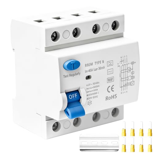 Fi Schutzschalter Typ B 40A 30mA 4P, Fi Typ B, Fi-Schalter 4 Polig RCD Fehlerstromschutzschalter TypB Schalter Allstromintensiv DIN Hutschiene für Sicherungsautomaten Wallboxen Ladestationen