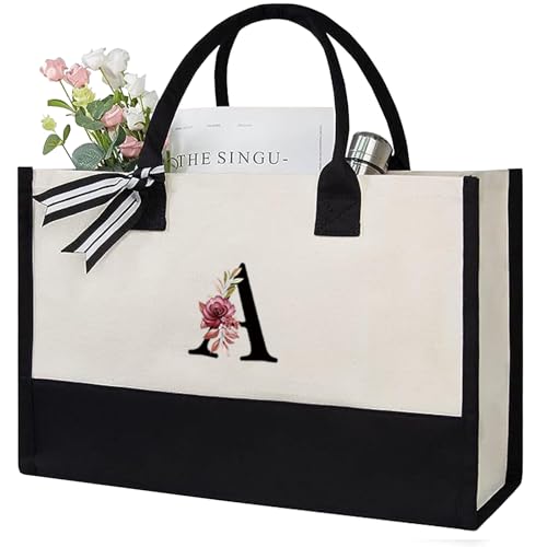QZYGWCS Personalized Gifts for Women, Monogrammed Canvas Tote Bag with Zipper Pockets, Birthday Gift for Mom, Teacher, Sister, Friends