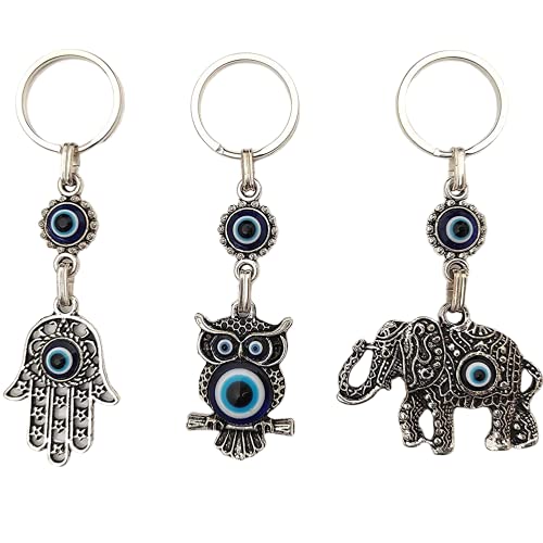 Erbulus Turkish Blue Evil Eye Keychain Amulet – Set of 3 Charm in a Box - Gift for Women or Men (Hamsa Owl Elephant) Erbulus Turkish Blue Evil Eye Keychain Amulet – Set of 3 Charm in a Box - Gift for Women or Men (Hamsa Owl Elephant)