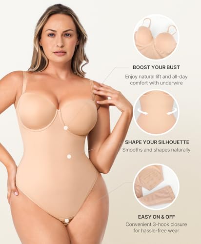SHAPELLX Shapewear Tummy Control Bodysuit for Women Snatched Waist Body Suit Strapless Body Shaper Built-in Bra Beige M3