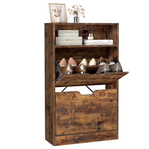 VASAGLE Schuhschrank 2 Klappen, Schuhkipper, Schuhregal, Schuhaufbewahrung, offenes Fach, Trennwand verstellbar, für 8-12 Paar Schuhe, Flur, 24 x 60 x 102 cm, vintagebraun LBC040X01