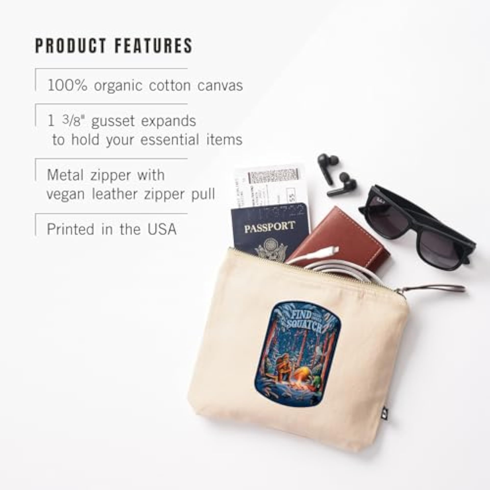 Cotton Zipper Pouch, Travel Accessory, Find Your Inner Squatch Design