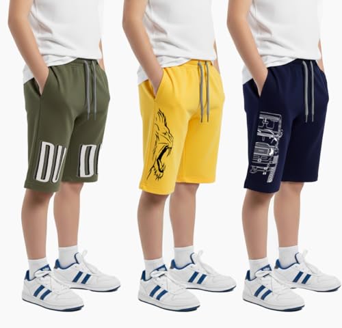Image of hotfits Boy's Cotton Knee Length Graphic Casual Shorts with Pocket -Pack of 3