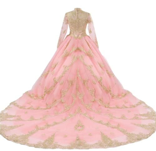 LEJY Women's Muslim Wedding Dresses High Neck Applique Long Sleeves Ball Gowns2