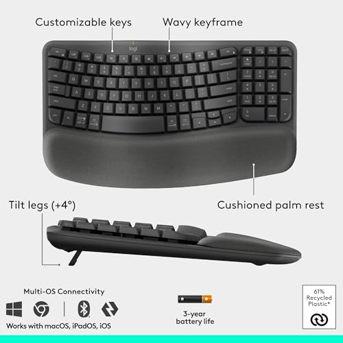 Image of Logitech Wave Keys & Lift Vertical Mouse - Ergonomic Wireless Keyboard and Mouse Combo - with Cushioned Palm Rest, Easy-Switch, Bluetooth, for Multi-OS, Windows /Mac - Graphite