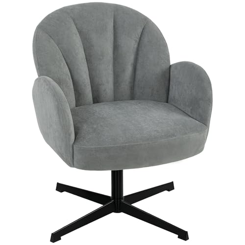 Image of HOMCOM Swivel Accent Chair, Velvet-Feel Fabric Shell-Shaped Armchair with Spring Cushion, Metal Base, Modern Reading Chair for Living Room, Bedroom, Study, Makeup, Grey
