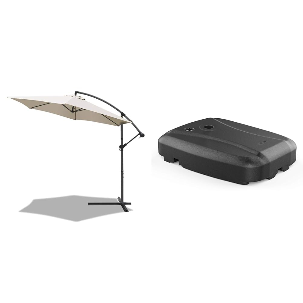 VOUNOT 300 cm Parasol Excentrico, Sombrilla de Jardín con Manivela y Funda Protectora, Protección UV, Beige & Base para Sombrilla, HDPE Pie Soporte Parasol o Paraguas, llenar con Arena o Agua 60 kg