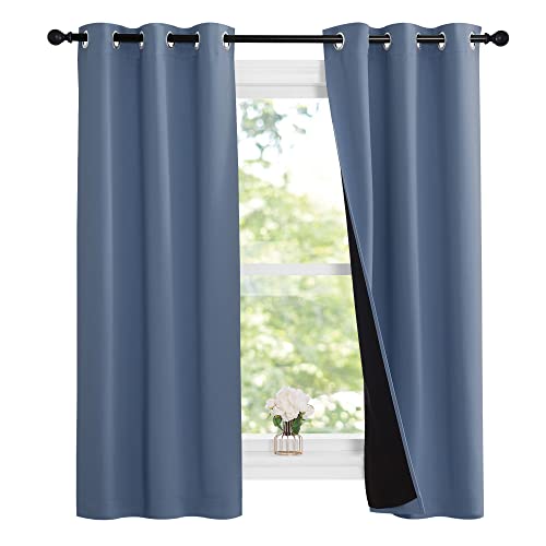 Image of NICETOWN Stone Blue 100% Blackout Small Curtains 63 inches Long, Thermal Insulated Full Blackout 2-Layer Lined Drapes, Energy Efficiency Window Draperies for Boy's Room (2 Panels, 37-inch W)