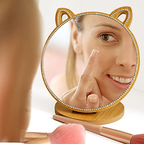 Espejo de maquillaje con base de madera y forma de gato miniatura 2