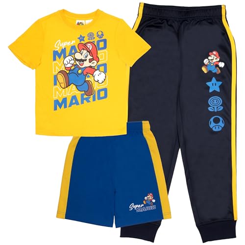 Image of Nintendo Super Mario Bros Boys 3-Piece Pants Set - Short Sleeve T-Shirt, Shorts, and Jogger Pants 3-Pack Bundle Set