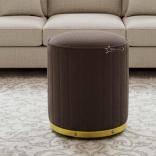 Image of Upholstered Round Linen Strip Stool Living Room Foot Rest Office Stool Pouf Ottoman Padded Seat - Brown