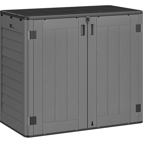 Image of YITAHOME Outdoor Storage Shed w /o Shelf, 30 cu ft Horizontal Storage Shed Outdoor, Resin Waterproof Storage Cabinet for Garage, Poolside, Bikes, and Garden (Dark Gray + Black)
