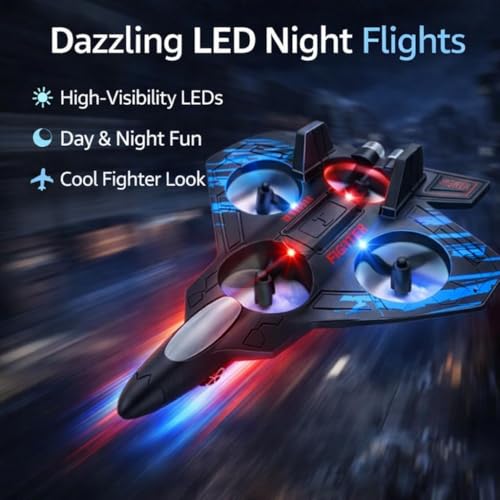Image of Fighter Jet RC Plane, 2.4GHz Foam Remote Control Airplane - Easy-Fly Gyro Stabilized RC Jet for Kids & Adults, LED Lights, Stunts, Long Range, Ready-to-Fly