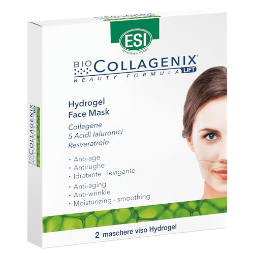 ESI, Biocollagenix Hydrogel Face Mask, Maschera Viso al Collagene, Acido Ialuronico e Resveratrolo, Effetto Antirughe, Idratante e Levigante, Dona una Pelle Elastica e Idratata, 2 Maschere