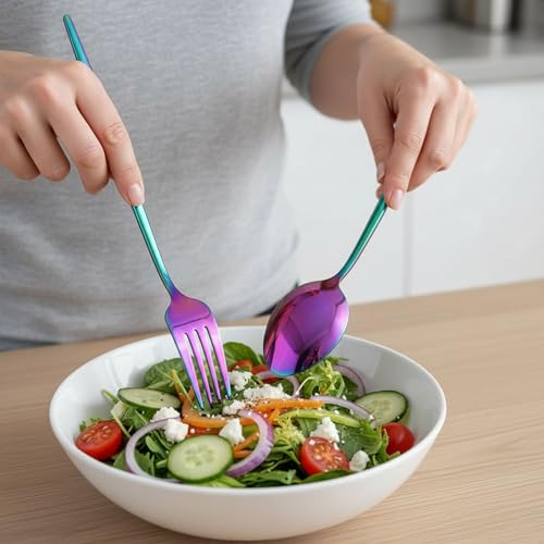 Image of Slim Handle Rainbow 10 Pcs Stainless Steel Cutlery Set for Dining Table, Dishwasher Safe Glossy Flatware (2 Spoon Set+2 Forks Set+2 Butter Knife+2 Dessert Spoon+ 2 Fruit Fork)