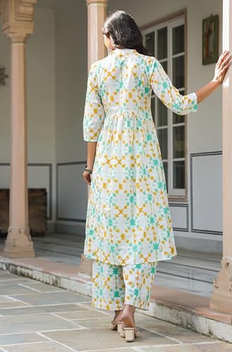 Image of Janasya White Pure Cotton Kurta & Pant Set for Women Abstract Print Ethnic Wear