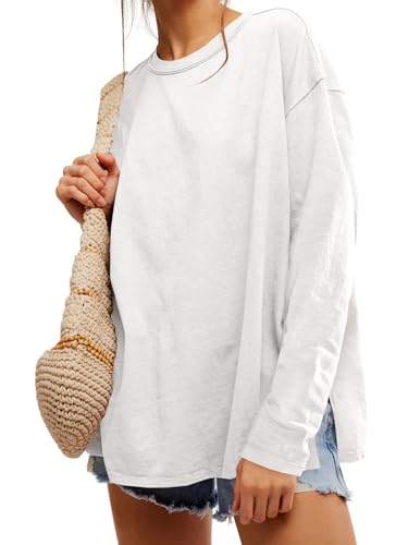 Womens Oversized Long Sleeve Shirts Crew Neck Casual Tops Loose Fit Side Slit Fall Tees White