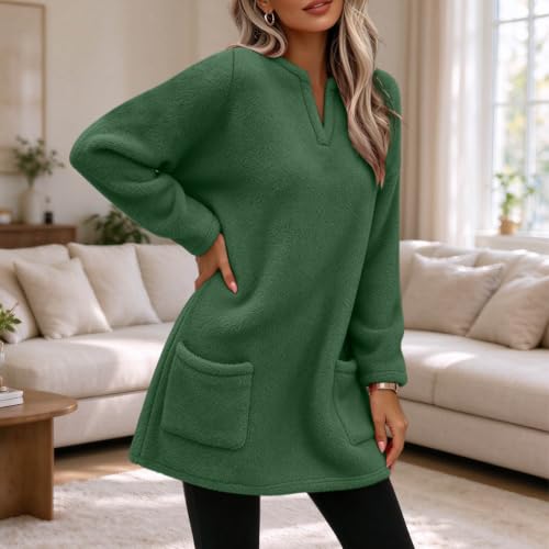 Fleece Sweatshirts For Women V Neck Long Fuzzy Sherpa Sweaters Army Green - image 3