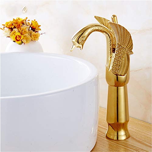Ggstudy Gold Swan Shape Single Handle 1 Hole Bathroom Vessel Sink Faucet Deck Mount Lavatory Sink Faucet #TOP2