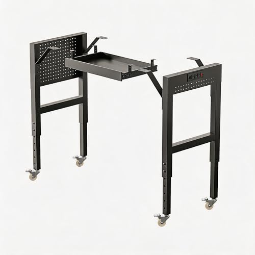 Heavy Duty Workbench Legs 1500 LBS Load Metal Standing Desk Legs Height Adjustable 27.5 to 40.5 Features Lockable Wheels Power Outlets Pegboard and Drawers for Workshop Office Garage Home