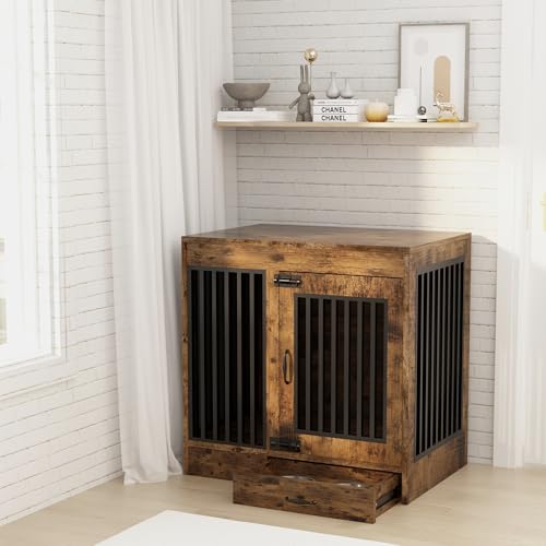 yookare Caixa de cachorro rústica marrom resistente, gaiola de canil de madeira e metal, mesa de can