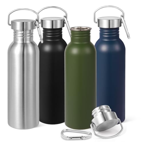 Volhoply 26oz Uninsulated Single Walled Water Bottles 4 Pack, Stainless Steel Reusable Water Bottle with Handle & Carabiner, BPA Free Wide Mouth Water Bottles for Gym Sports Camping（Mix,4）