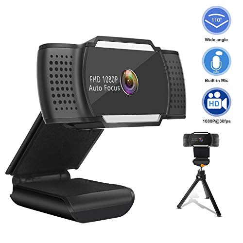 FHD Webcam 1080P with Microphone, Auto Focus USB Plug and Play 110-degree Wide