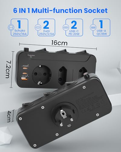 Mehrfachstecker für Steckdosen,3-Fach Mehrfachsteckdose,Steckdosenadapter Einzeln Schaltbar,Doppelstecker für Steckdose USB,2 Euro 1 Schuko Schutzkontakt,Dreierstecker Stecker mit Schalter,Schwarz 2