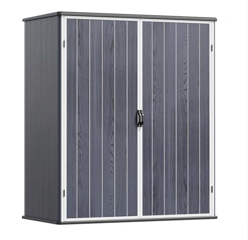 Image of Devoko 5x3 FT Resin Storage Shed with Floor, Small Plastic Vertical Outdoor Cabinet with Lockable Door, Waterproof Tool Garden Shed for Backyard Patio Lawn, Dark Gray