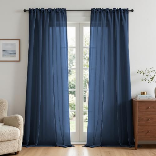 CUCRAF Sheer Curtains Panels for Living Room Bedroom Small Window Semi Treatment Drapes Voile Rod Pocket,Set of 2 (54 x 63 inches Long,Navy Blue)