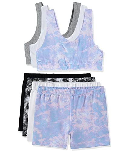 Girls Cotton Stretch Bralette Sports Bra and Play Shorts Set for Dance, Gymnastics, Cheer, 7-Pack (7-14)