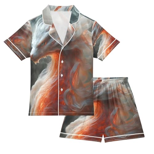 ALAZA White Dragon Cloud Satin Pajamas Set Short Sleeve Button Down Sleepwear Summer Pjs 2 Piece