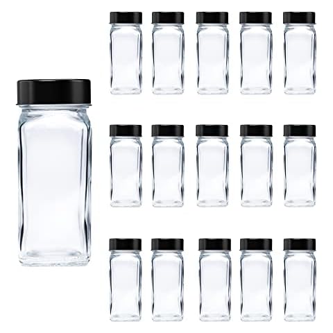16 Pcs Glass Spice Jars/Bottles - 4oz Empty Square Spice Containers with 30Pcs Labels - Shaker Lids and Airtight Metal Caps Cover