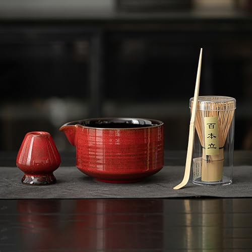 Matcha Blender Set Bamboo Tea Brush Teaspoon Ceramic Tea Bowl Tea Stand Matcha Tool Set Red