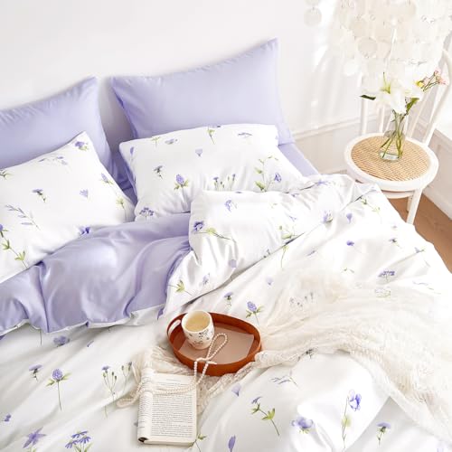 Image of Wake In Cloud - Floral Comforter Set, Cottagecore Cute Aesthetic Watercolor Tiny Flowers and Leaves, Soft Lightweight Bedding for Women Teen Girls, 3 Pieces, Purple, Twin /Twin XL Size