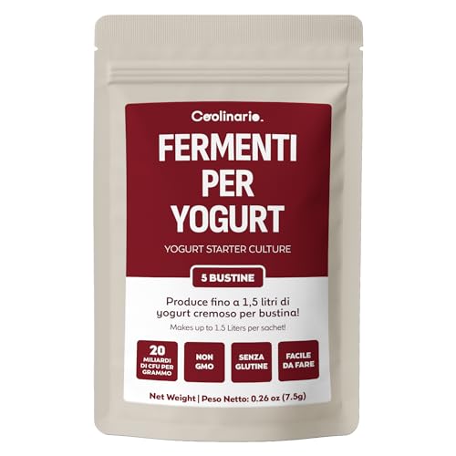 Coolinario Fermenti Lattici per Yogurt (5 Bustine da 1.5g) Colture Vive per Yogurt Fatto in Casa | Cremoso e Denso | Tradizionale o Greco | Non OGM, Senza Conservanti, Senza Glutine, Halal & Kosher