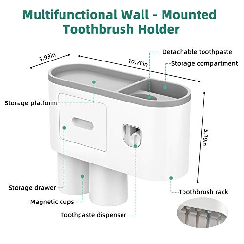 ROOHUA Wall Mounted Toothbrush Holder with Magnetic Cup and Automatic Toothpaste Dispenser Set. Suspension Rack with Storage Drawer .Suitable for Family Bathroom - no Drilling Studs (Grey, 2 Cups)