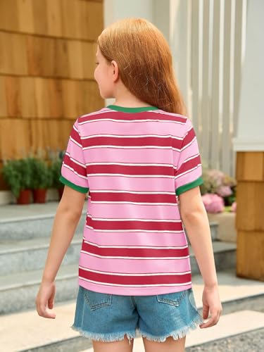 Image of Haloumoning Girls Striped Short Sleeve T Shirts Kids Summer Casual Tops Crewneck Tees Blouses 5-14Y