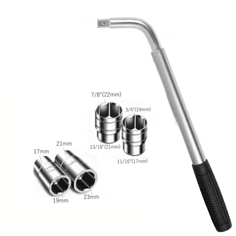 FLZOSPER Teleskopowy wysuwany klucz do kół z czterema nasadkami SAE i metrycznymi dwustronnymi nasadkami do nakrętek nasadowych, dwie nakrętki SAE 11/16"-3/4", 13/16''-7/8''i dwie metryczne nakrętki nasadowe 17mm-19mm, gniazda CR-V 23mm
