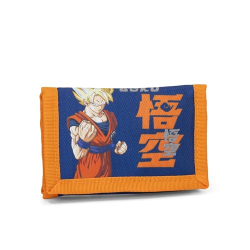Franco Cosimo Panini Dragon Ball Super - Cartera oficial Dragon Ball con práctico cierre de velcro, bolsillo exterior y compartimentos interiores, idea de regalo para niños y jóvenes, Azul/Naranja, 12