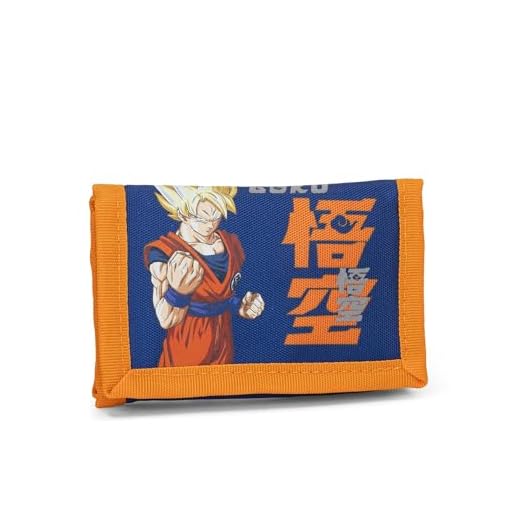 Franco Cosimo Panini Dragon Ball Super - Cartera oficial Dragon Ball con práctico cierre de velcro, bolsillo exterior y compartimentos interiores, idea de regalo para niños y jóvenes, Azul/Naranja, 12