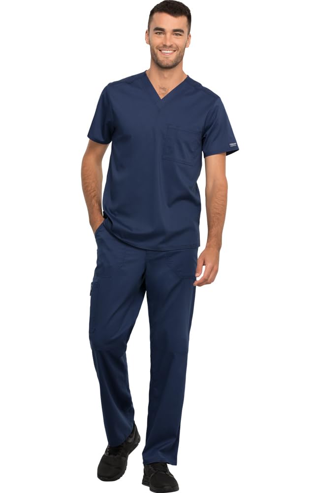 Cherokee WW625 - Conjunto de ropa quirúrgica para hombre y mujer, cuello en V, con pantalón de pierna cónica con cordón, WW020, azul marino, XL y pantalón alto XL
