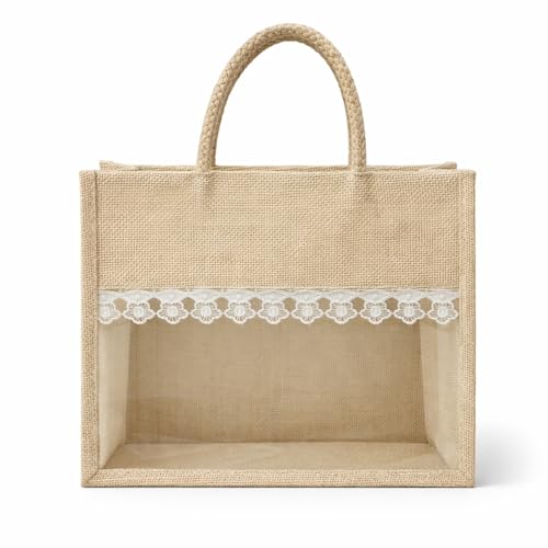ALTER® Jute Hamper Bag with Lace Detail and Transparent Window, Natural Beige, Gift Bag for Return Gifts and Gifting (1, 10" x 11")