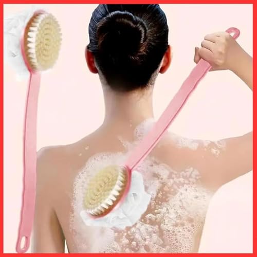 Image of 2-in-1 Loofah & Bristle Bath Brush - Curved Back Scrubber with Long Handle for Body Cleaning (Multicolour Mix)