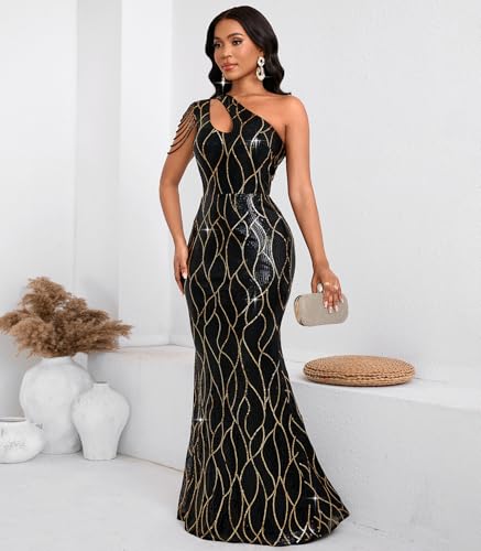 Image of Cololura Women Sequin Elegant Sexy One Shoulder Tassel Mermaid Bodycon Cocktail Evening Dress